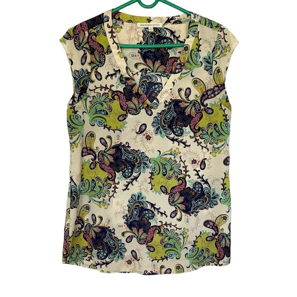 Green Paisley V Neck Cap Sleeve Top Daniel Rainn Size Womens X-Small